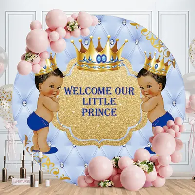 Aperturee Gold Glitter Round Blue Prince Baby Shower Backdrop