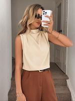 Women's Solid Stand Collar Sleeveless Blouse, Elegant Fashion Ruched Tank Top for Daily Outdoor Wear, Women Clothing for Sum...