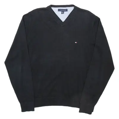 TOMMY HILFIGER Mens Jumper Black V-Neck Tight Knit L