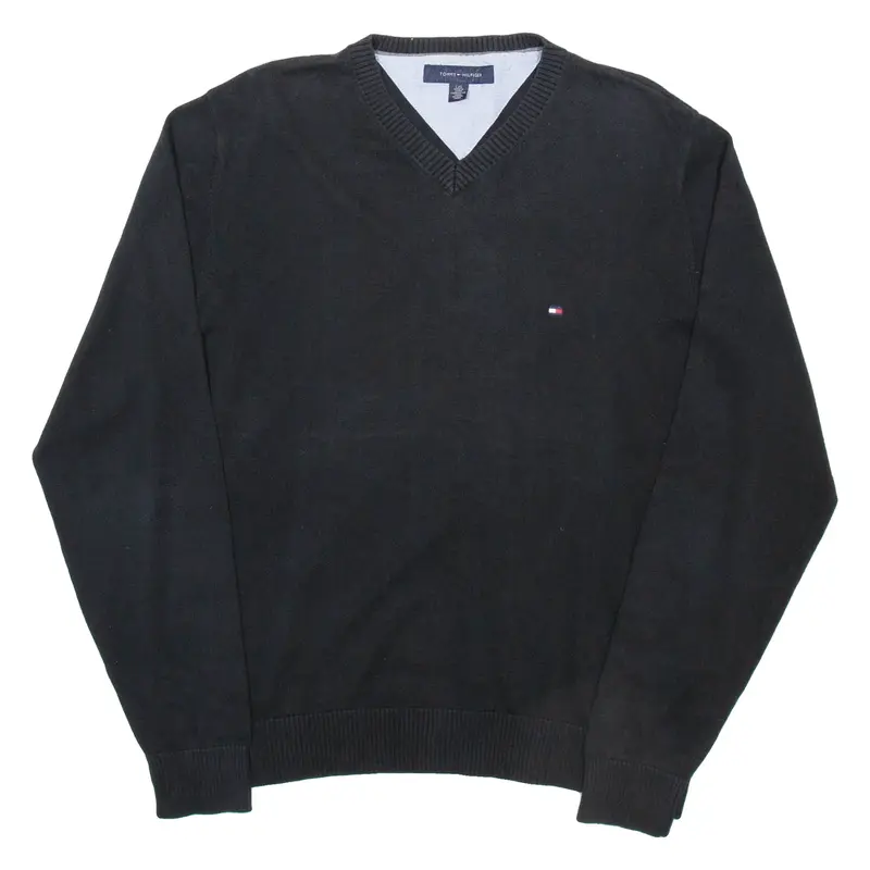 TOMMY HILFIGER Mens Jumper Black V-Neck Tight Knit L