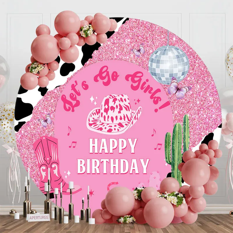 Pink Glitter Cactus Cowgirl Round Birthday Backdrop - Aperturee