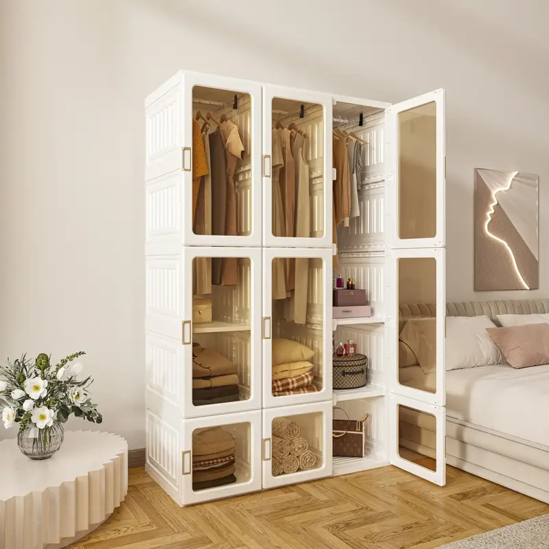 Portable Transparent Wardrobe Closet Storage Organizer for Clothes Folding Plastic Wardrobe with Magnetic Door and Easy Assem...