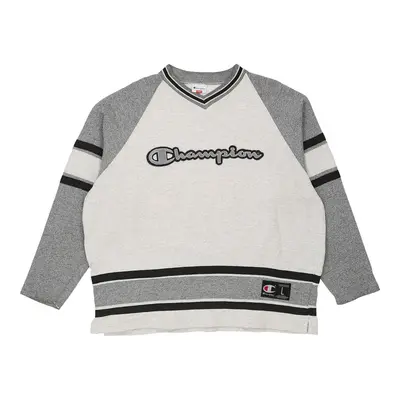 Champion Spellout Sweatshirt - Large Grey Cotton