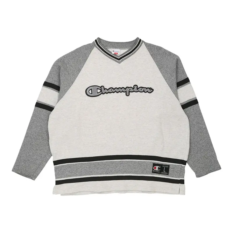 Champion Spellout Sweatshirt - Large Grey Cotton
