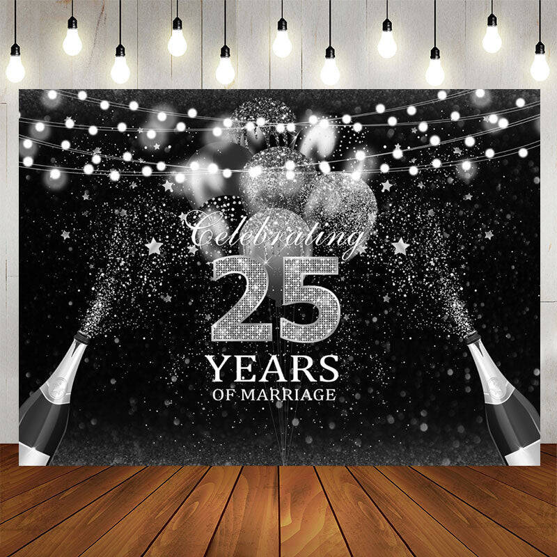 Aperturee Silver Black Glitter Celebrate 25 Years Backdrop