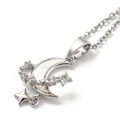 Brass Micro Pave Cubic Zirconia Moon Pendant Necklaces