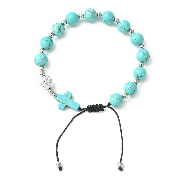 Synthetic Turquoise Round & Cross Braided Bead Bracelets