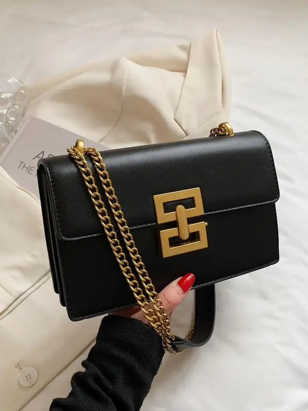 Women's Chain Strap Pu Leather Crossbody Bag, Simple All-match Solid Color Bag with Buckle Design, Trendy Shoulder Bag for Da...