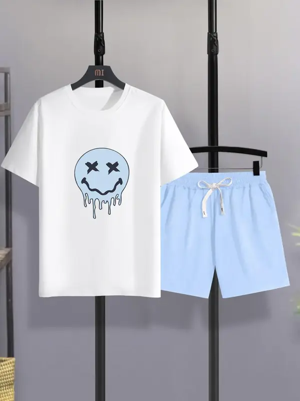 Men's Cartoon Print Tee & Drawstring Shorts Co-ord Set, Crew Neck T-shirts & Slant Pocket Track Shorts Set, Men's Clothing, P...