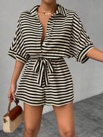Women's Striped Print Batwing Sleeve Romper, Casual Loose Button Front Romper for Summer, Fashion Women's Clothes for Daily W...