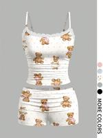 Two-piece Set Women's Cartoon Bear Print Sleeveless Cami Top & Shorts, Casual Cute Spaghetti Strap Top & Shorts for Summer, L...