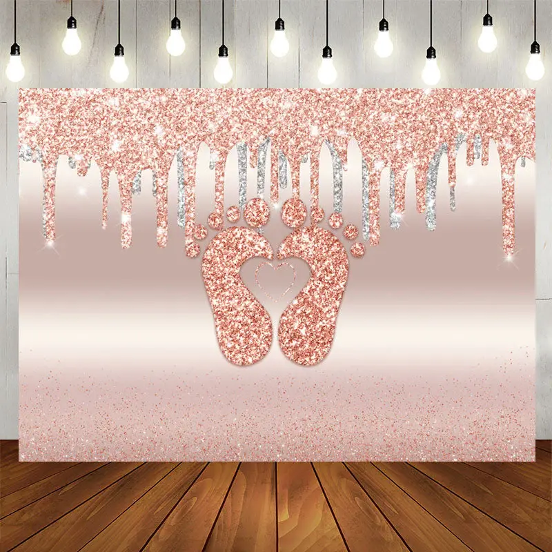 Aperturee Glitter Pink Little Feet Backdrop Baby Shower For Girl