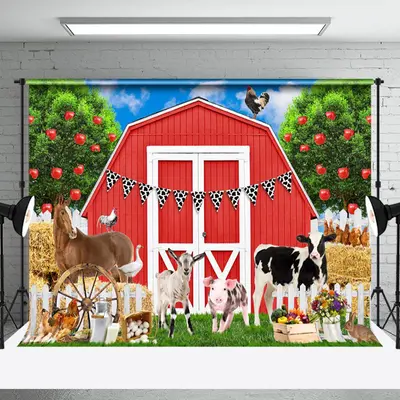 Cute Animals Red Cabin Birthday Cake Smash Backdrop - Aperturee