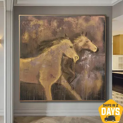 Brown Horses Painting Modern Impressionist Art Luxury Painting Abstract Animal Painting Textured Wall Art | RUNNING HORSES 46...