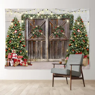 Aperturee Christmas Wreath Cabin Tree Gift Holiday Backdrop
