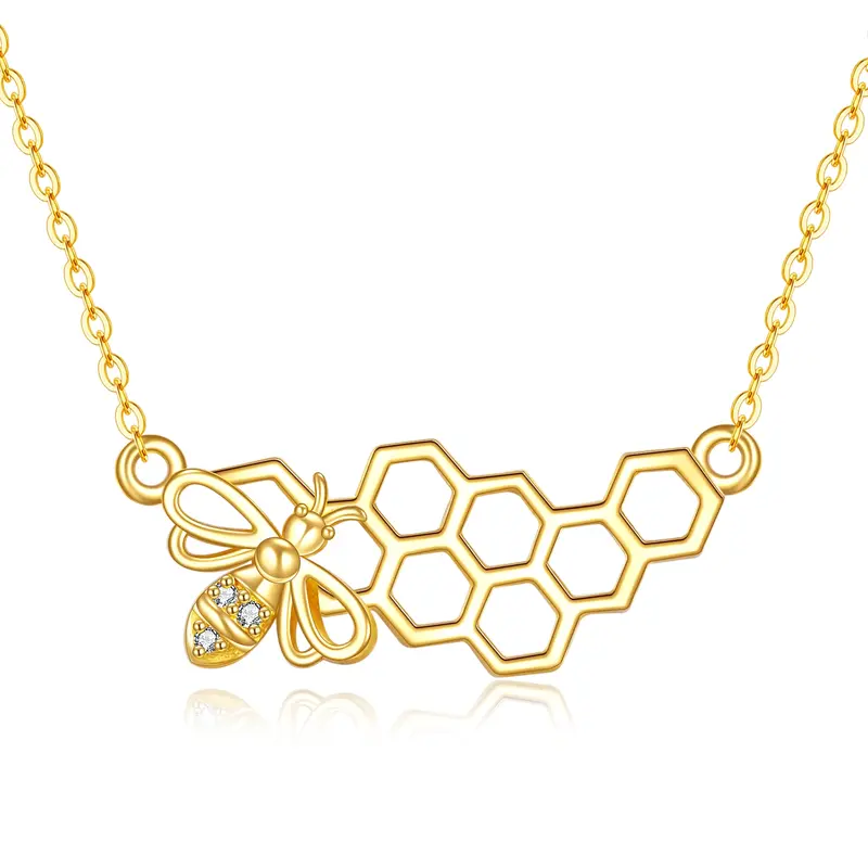 14K Gold Circular Shaped Cubic Zirconia Bees Pendant Necklace