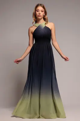 Goddiva Ombre Cross Front Pleated Maxi Dress - Lime Ombre