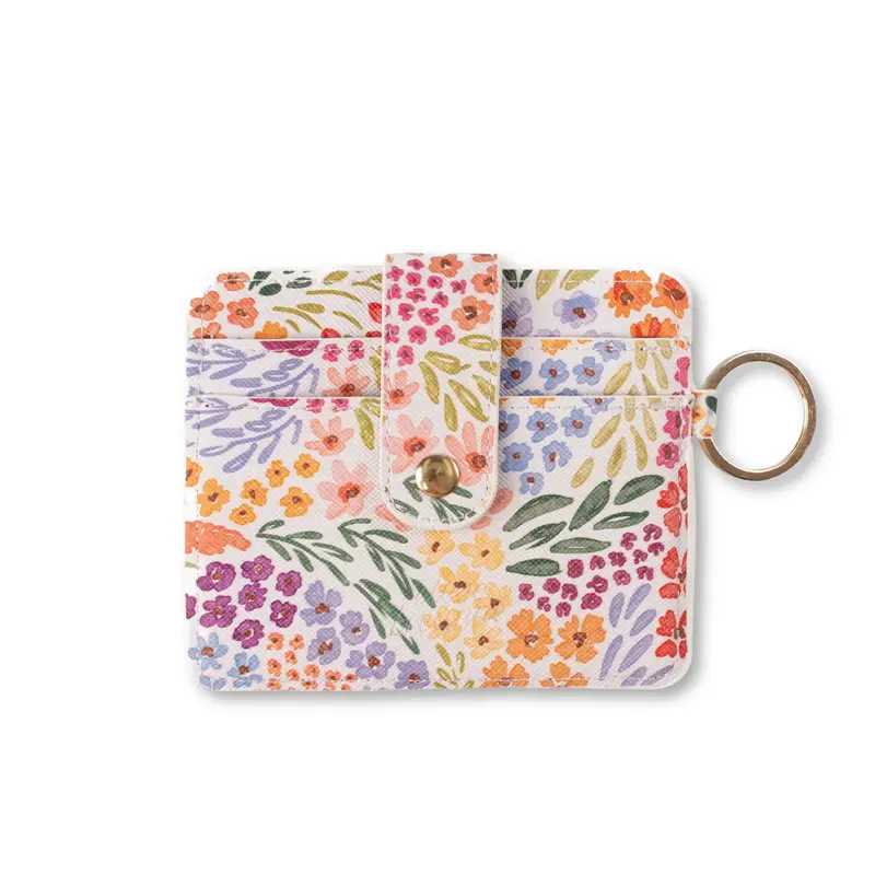 Women's Floral Vegan Mushroom Leather Wallet with Gold Keyring - 3.5x4.5 Inches, Compact & Minimalist Design, Secure Card Sto...