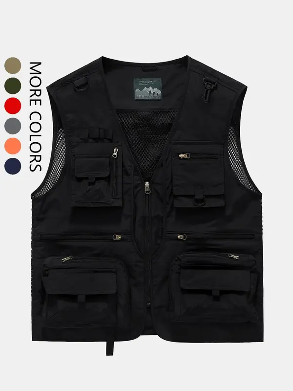 Men's Solid Multi-pocket Zipper Gilet, Loose Casual Street Fashion Hollow Out V Neck Vest Jacket for Spring & Summer, Men's C...