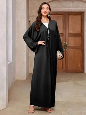 Women's Solid Color Tie Front Abaya, Elegant Long Sleeve Muslim Dress for Daily Wear, Ladies Islamic Clothing for All Seasons
