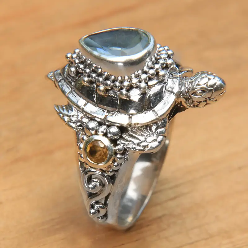 NOVICA Sea Turtle Enchantment Cocktail Ring - Size 7.5