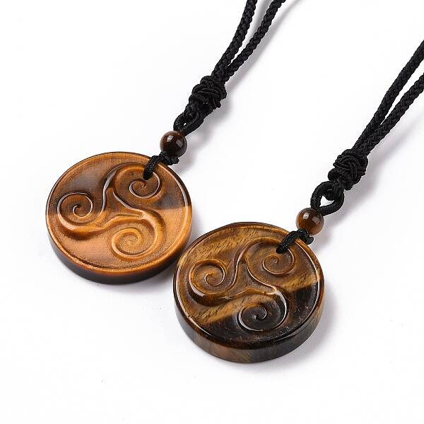Natural Tiger Eye Triskele/Triskelion Pendant Necklace with Nylon Cord for Women