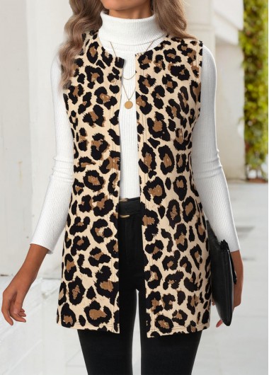 Modlily Multi Color Leopard Sleeveless Round Neck Waistcoat - M