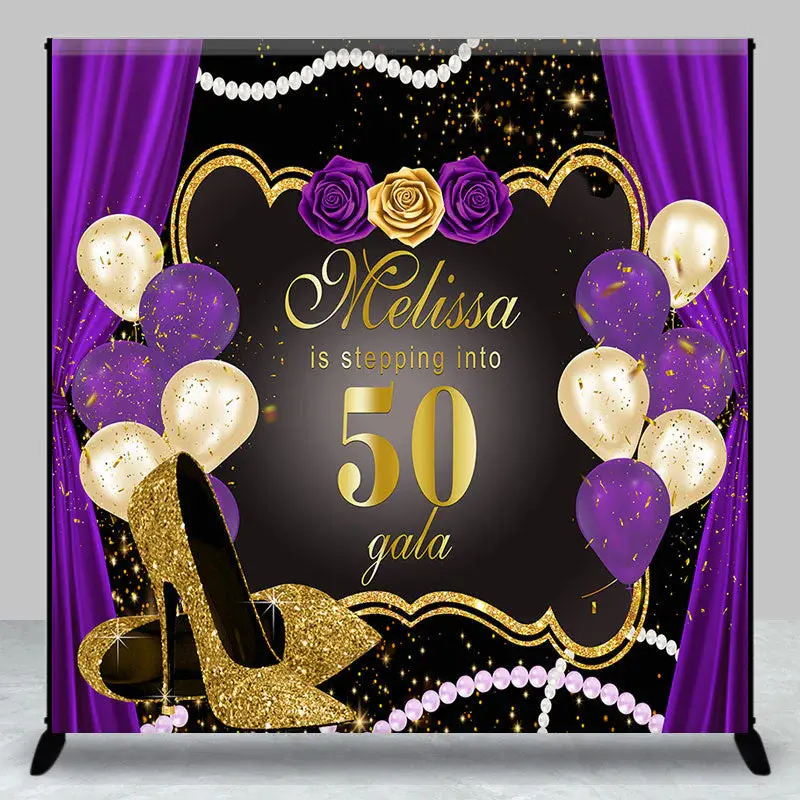 Custom Purple Black High Heel 50th Birthday Backdrop - Aperturee