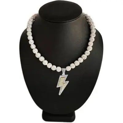 Iced Bling Disco Ball Rhinestone Crystal Bead Baseball Necklace White Out Lightning