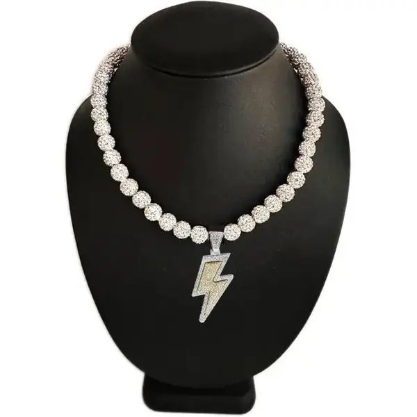 Iced Bling Disco Ball Rhinestone Crystal Bead Baseball Necklace White Out Lightning