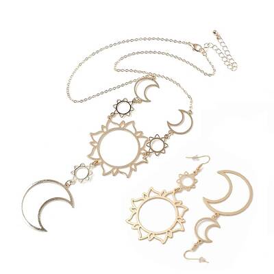 Sun & Moon Alloy Pendant Necklace & Asymmetrical Hoop Earring Sets