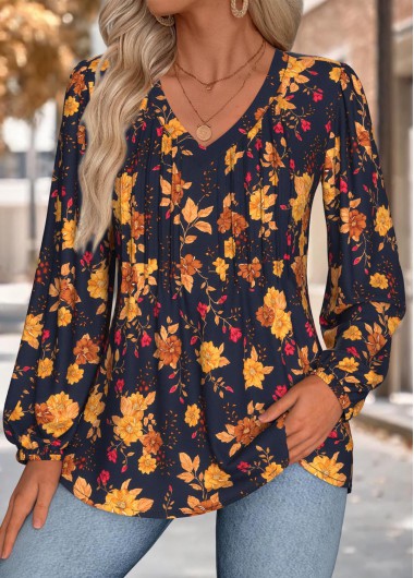 Modlily Multi Color Tummy Coverage Floral Print Long Sleeve Blouse - XL
