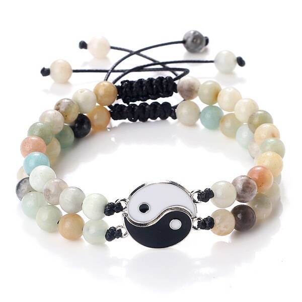 Adjustable Round Natural Flower Agate Beaded Stretch Bracelet Sets
