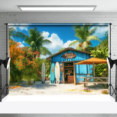 Beach Shop Surfboard Trees Summer Photo Backdrop - Aperturee