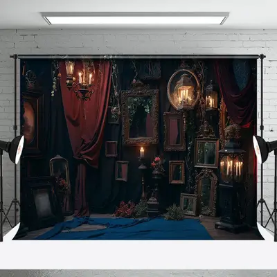 Retro Luxury Dark Room Red Curtain Halloween Backdrop