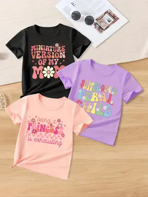 Toddler Girl's Floral & Letter Print Round Neck Tee, Casual Cute Short Sleeve T-shirt for Summer, Kids Clothes for Daily Wear