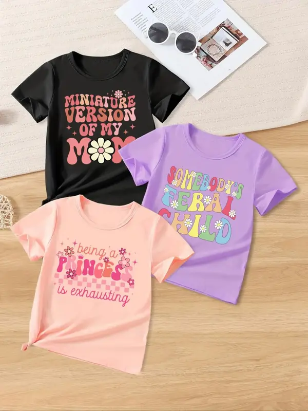 Toddler Girl's Floral & Letter Print Round Neck Tee, Casual Cute Short Sleeve T-shirt for Summer, Kids Clothes for Daily Wear