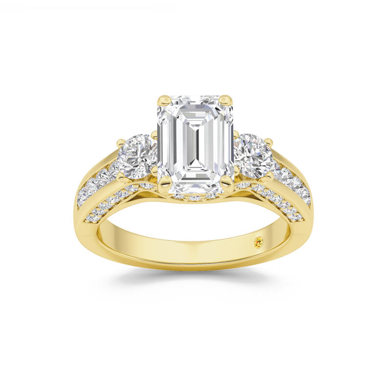 Aarhus Pavé Set Hidden Accent Three Stone Emerald Cut Lab Grown Cathedral Diamond Engagement Ring | 10K Yellow Gold 4 3/8 CT...