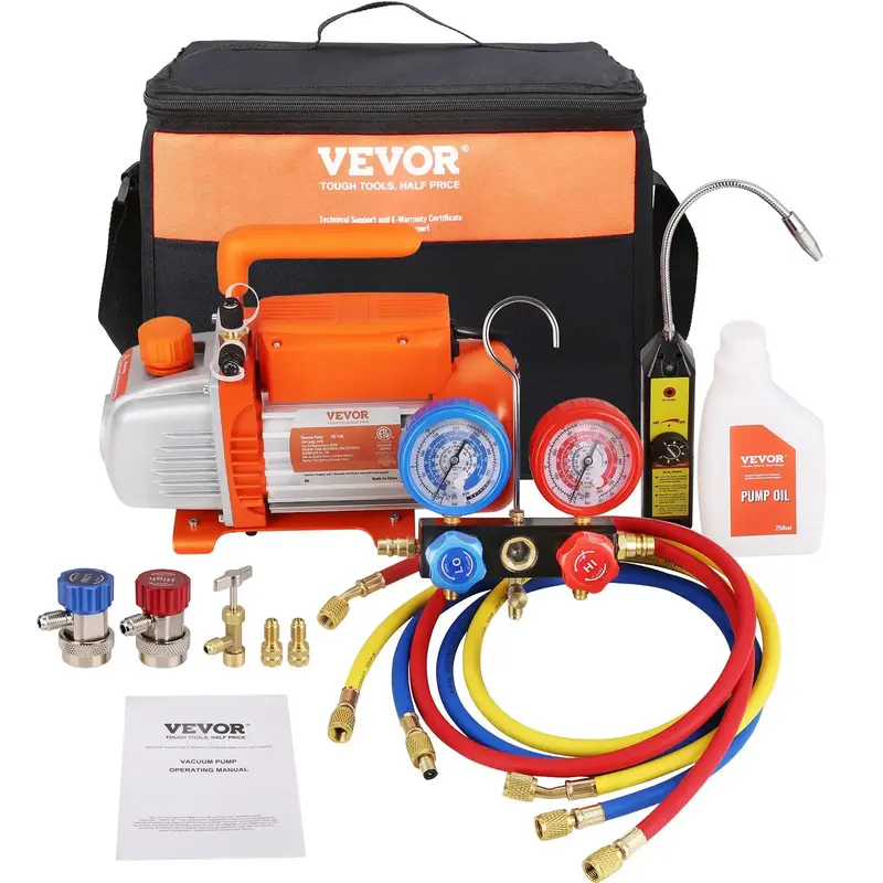 VEVOR 1/4 HP 4 CFM AC Vacuum Pump and Gauge Set, Single Stage Rotary Vane HVAC Air Vacuum Pump A/C Refrigerant Kit Manifold...