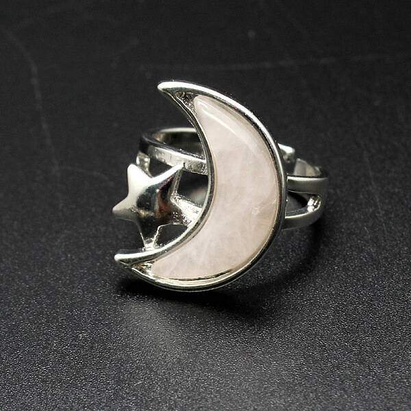 Moon & Star Natural Rose Quartz Adjustable Rings