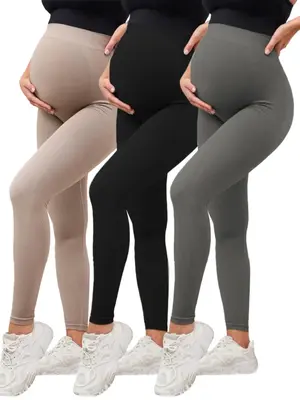 Maternity Solid Color High Waist Leggings, Casual Comfy Breathable Skinny Pants for Pregnancy & Postpartum, Maternity Bottoms...