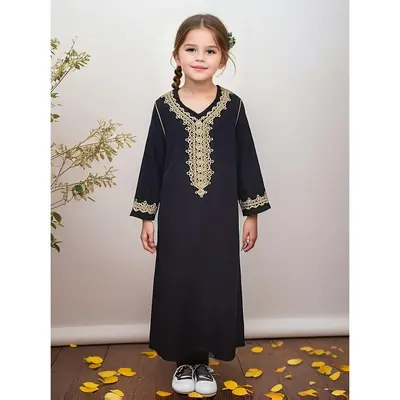 Modest Polyester Abaya, Crew Neck, Slight Stretch Fabric, Solid Color, Regular Fit, Woven, for Muslim Youth, All Seasons Trad...