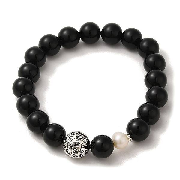 Natural Pearl & Obsidian & Brass Round Stretch Bracelets