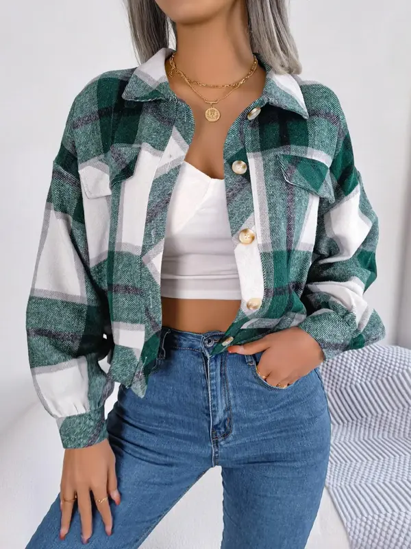 Women's Plaid Print Collared Long Sleeve Button Front Jacket, Pocket Design Drop Shoulder Button Up Outerwear For Spring & Fa...