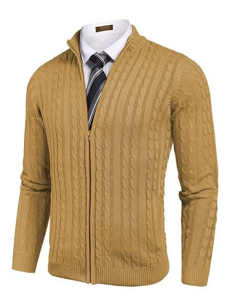 Cardigan Knitted Zip Up Sweater with Pockets (US Only), Yellow / XXL