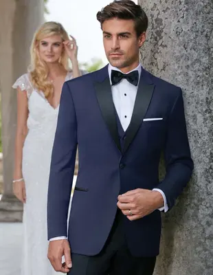 Mens Navy Blue Wedding Tuxedo - Dark Blue Tuxedo Suit Mens Designer Satin Peak Blake Tuxedo in Navy
