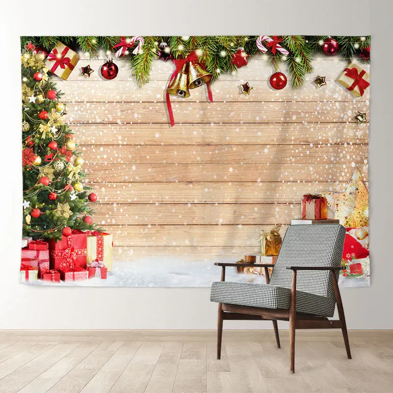 Aperturee Jingle Bells Wooden Snowy Merry Christmas Backdrop