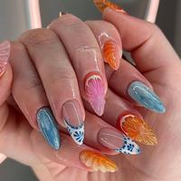 Glossy Vibrant Summer Minimalist Fake Nails with Jelly Glue & Rubbing Strip, 24pcs Artificial Full Covers Press on Nails for ...