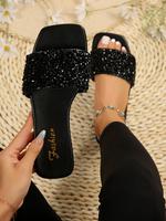 Women's Rhinestone Decorated Slip on Flat Sandals, Casual Square Toe Sandals for Summer Outdoor Beach, New Trendy Non-slip Sh...