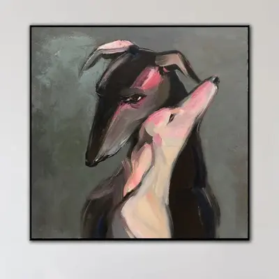 Abstract Dog Paintings On Canvas Romantic Wall Art Greyhound Art In Gray, Black And White Colors Pet Painting Hand Painted Ar...